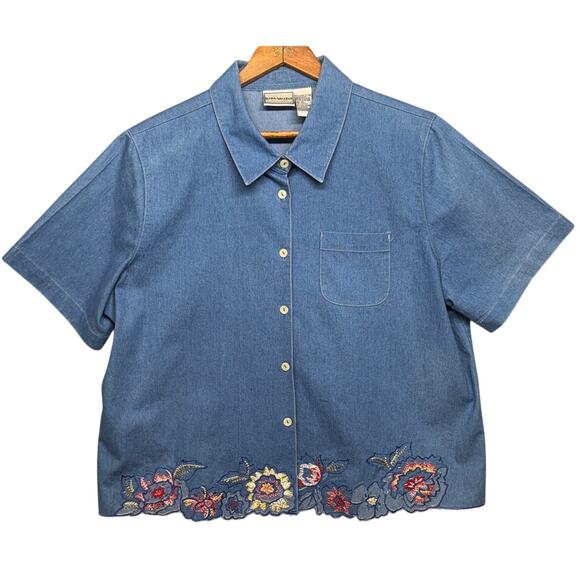 Napa Valley Vintage Floral Embroidered Denim Button Up Short Sleeve Blouse XL - Picture 1 of 6